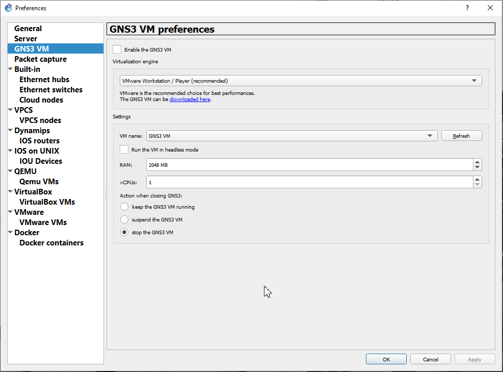 GNS3 VM preferences