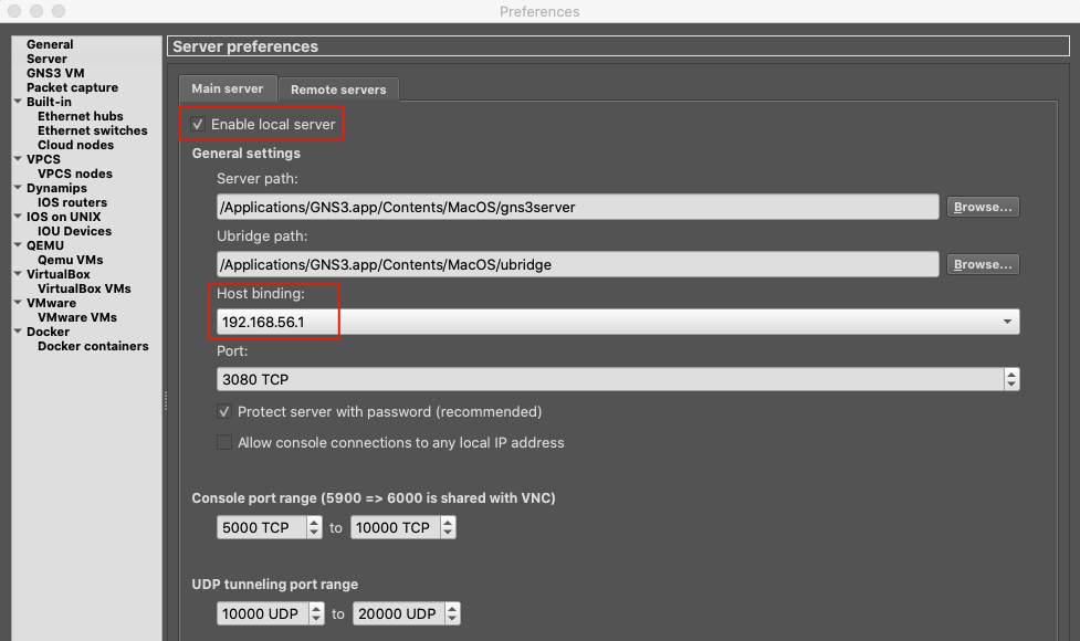 GNS3 Server preferences